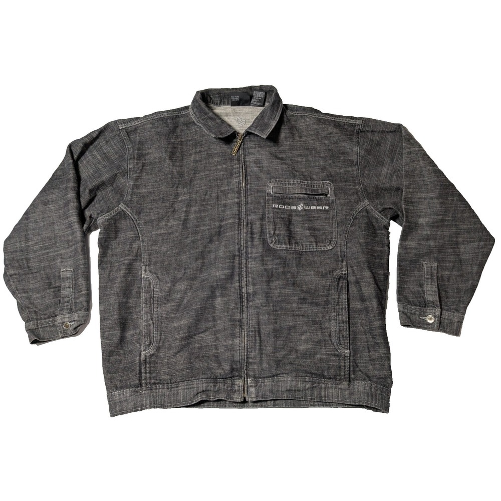 VTG ROCAWEAR Men‎ 2XL Black Heather Denim  Full Zip Jean Jacket